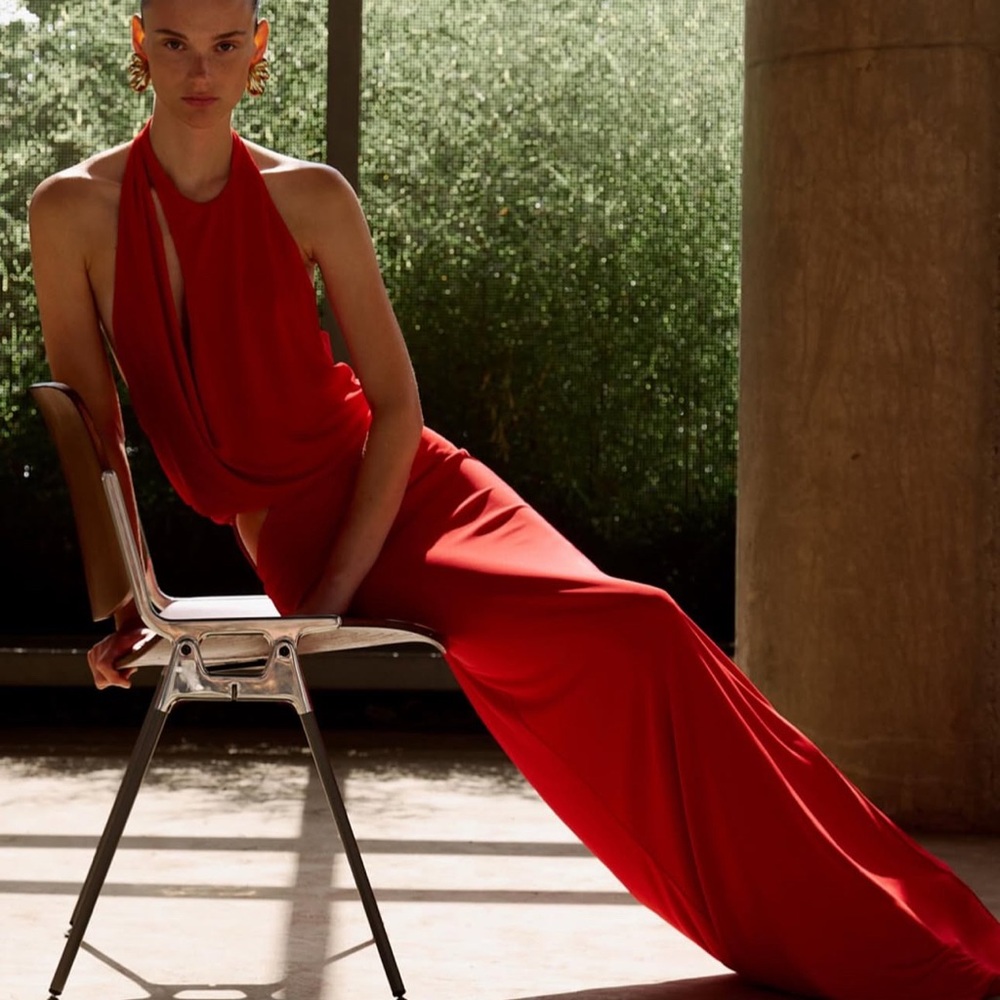 ILA. Brand dress style “Anya” Elegant backless Red Sleeveless cutout Halter Gown